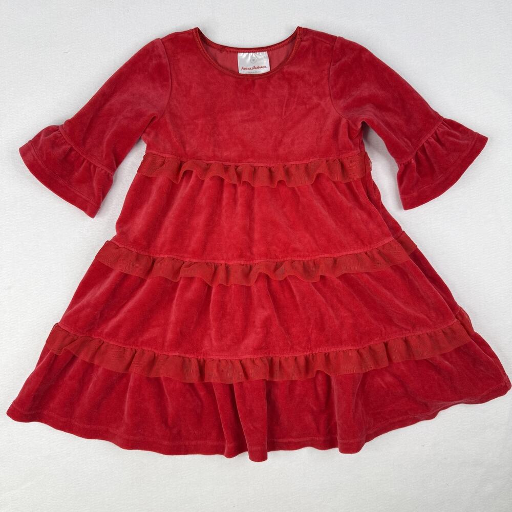 Hanna Andersson Dress Girls 3T 90 Red Velour Ruffle Bell Sleeve Fit & Flare